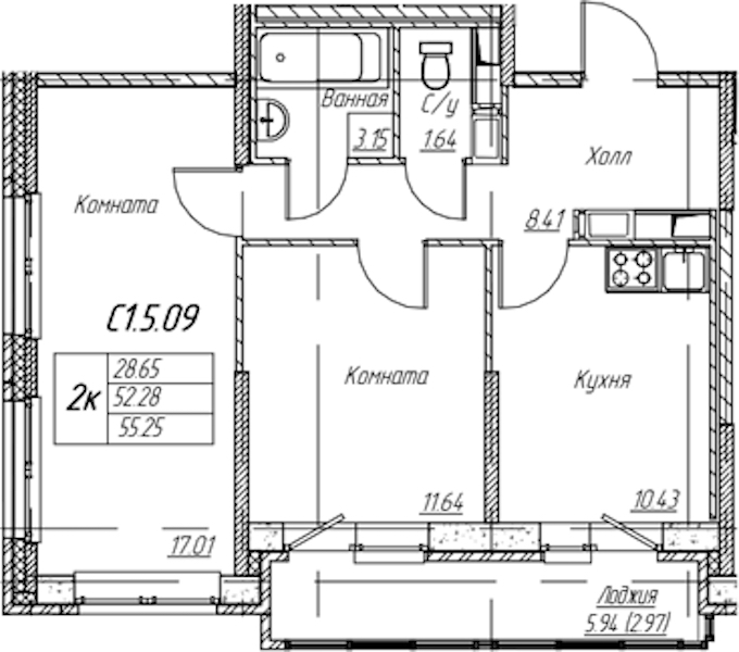 2-комнатная квартира 55.25 м², 5/22 эт., ЖК «Парк-квартал Юнтолово»